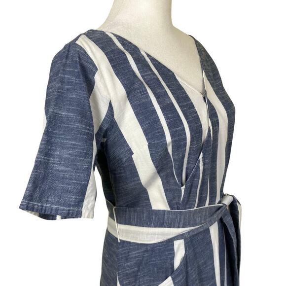 Eshakti Striped Cotton Chambray Flounce Hem Shift Dress Blue White Chic Nautical - Picture 7 of 16